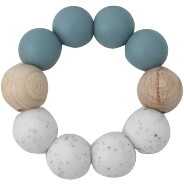 Anneau de dentition en perles de bois et silicone "Bleu Poudré / Blanc Piqué"