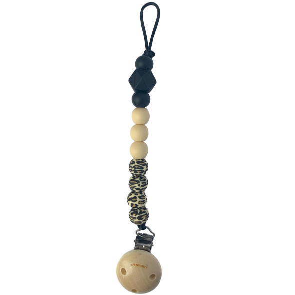 Attache tétine en perles de silicone avec clip en bois "Léopard"