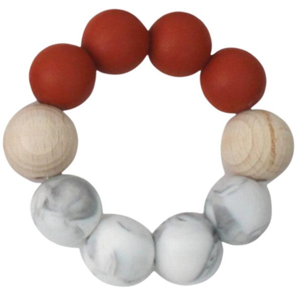Anneau de dentition en perles de bois et silicone "Rusty Cinnamon / Marbre"