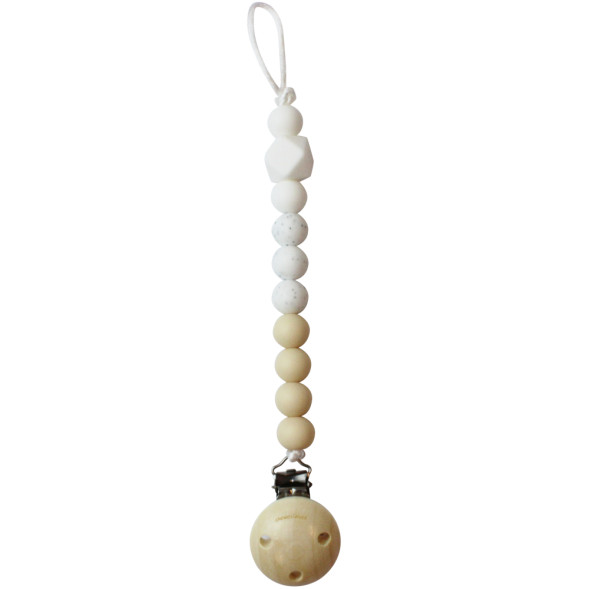 Attache tétine en perles de silicone avec clip en bois "Navaho/Blanc Piqué"