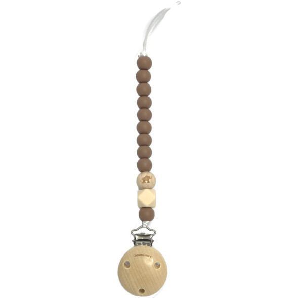 Attache tétine en perles de silicone avec clip en bois Elephant Gravé "Marron"