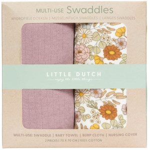 2 petits langes en coton "Vintage Flowers/Pure Mauve" (70x70 cm) Little Dutch