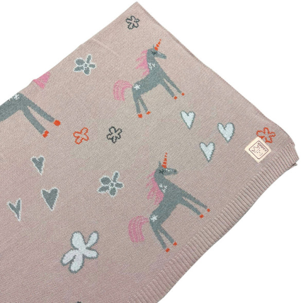Couverture bébé en tricot de coton bio "Licorne" (80x100 cm)