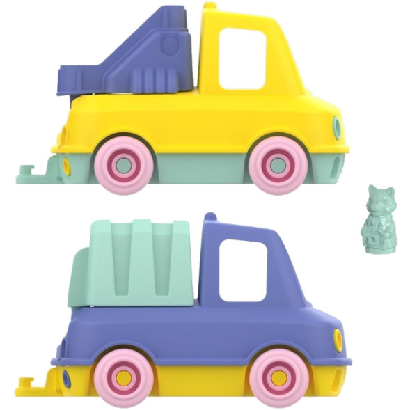 Coffret Duo Camions-Train Pompier & Poubelle en plastique recyclé "Bleu" (12 mois et +)