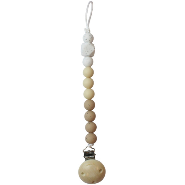 Attache tétine en perles de silicone avec clip en bois "Noisette/Blanc piqué"