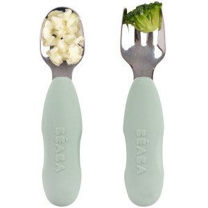 Set de 2 Pré-couverts en silicone et inox "Vert Sauge" (10 mois et +) Beaba