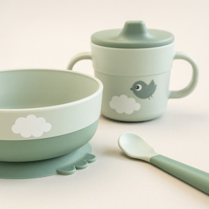 Coffret repas bébé anti-dérapant en silicone "Foodie Happy Cloud Green" Done by Deer