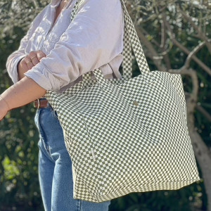 Sac Cabas en coton Marius "Damier Olive" Milinane