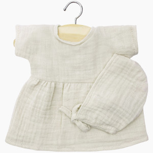 Robe Faustine et béguin avec pochon "Grège" pour poupon Babies Minikane