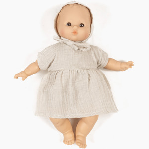 Robe Faustine et béguin avec pochon "Grège" pour poupon Babies Minikane