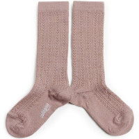 Chaussettes hautes enfant en laine mérinos et maille ajourée Adèle "Vieux Rose"