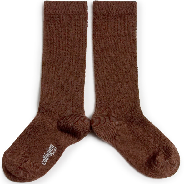 Chaussettes hautes enfant en laine mérinos et maille ajourée Adèle "Chocolat au lait"
