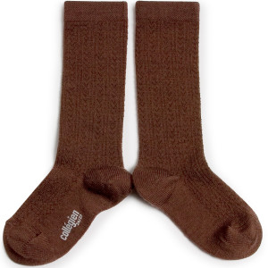 Chaussettes hautes enfant en laine mérinos et maille ajourée Adèle "Chocolat au lait"