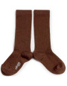 Chaussettes hautes enfant en laine mérinos et maille ajourée Adèle "Chocolat au lait"