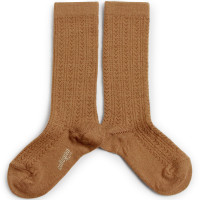 Chaussettes hautes enfant en laine mérinos et maille ajourée Adèle "Caramel au Beurre Salé"