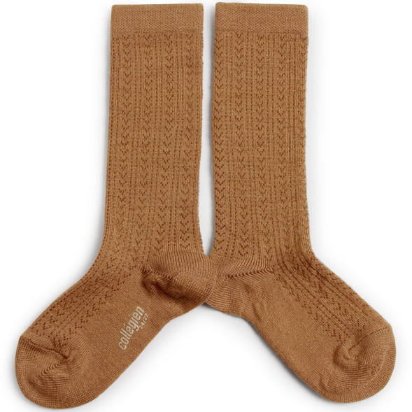 Chaussettes hautes enfant en laine mérinos et maille ajourée Adèle "Caramel au Beurre Salé"