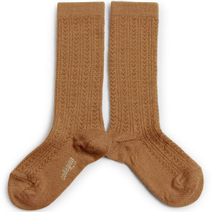 Chaussettes hautes enfant en laine mérinos et maille ajourée Adèle "Caramel au Beurre Salé"