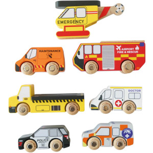 Set de Véhicules et Hélicoptère de Secours en bois (x7)  Le Toy Van