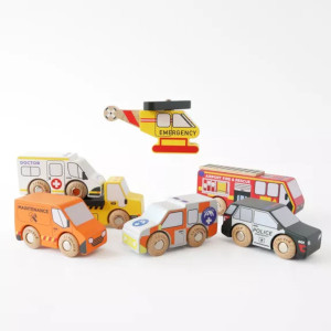 Set de Véhicules et Hélicoptère de Secours en bois (x7)  Le Toy Van