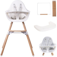 Chaise haute évolutive 3-en-1 en bois Evolu "Natural/Blanc" avec Tablette + Set Pieds Longs + Coussin "Gris"
