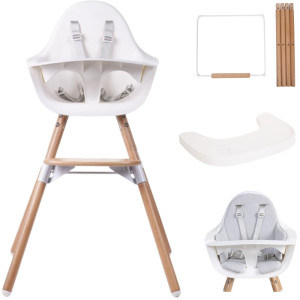 Chaise haute Evolu "Natural/Blanc" + Tablette + Set Pieds Longs + Coussin "Grey" Childhome
