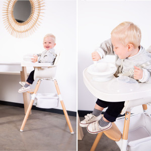 Chaise haute Evolu "Natural/Blanc" + Tablette + Set Pieds Longs + Coussin "Grey" Childhome