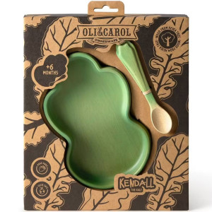 Ensemble Assiette & Cuillère bébé en bois d'hevea "Kendall le Kale" Oli & Carol