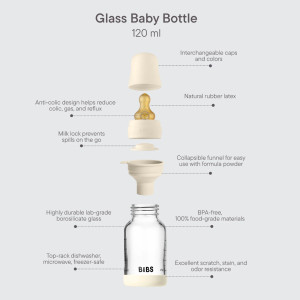 Biberon Bibs 120ml en verre ultra-résistant avec tétine en latex Débit Lent "Ivoire"