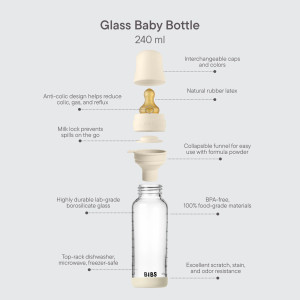 Biberon Bibs 240 ml en verre ultra-résistant avec tétine en latex Débit Medium "Ivoire"