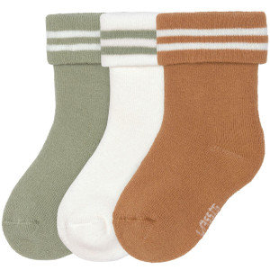Chaussettes bébé (4-12 mois) en coton bio bouclette "Rayures Kaki/Camel" (x3)