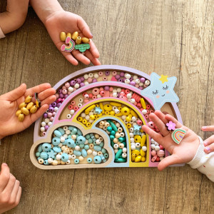 Coffret de perles en bois "Arc-en-ciel" (330 perles) Sycomore