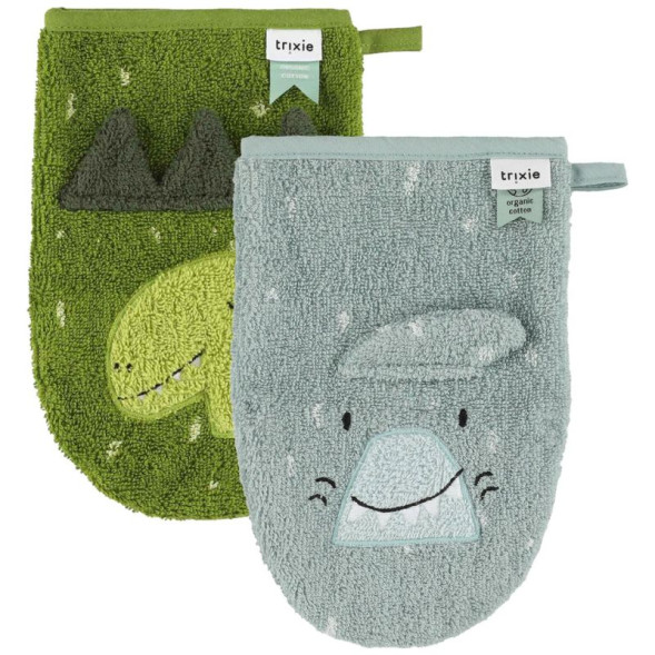 Gants de toilette en coton bio "Mr Shark & Mr Dino" (x2)
