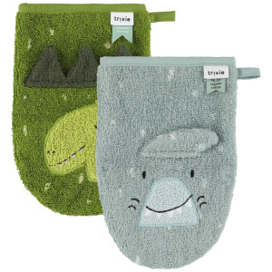 Gants de toilette bébé en coton bio "Mr Shark & Mr Dino" Trixie