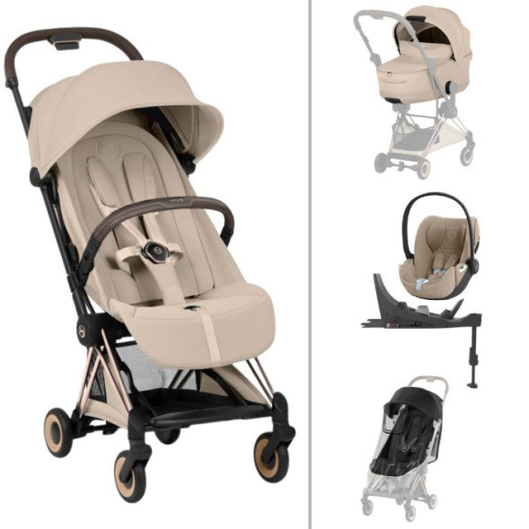  Poussette COYA Style Rosegold "Cozy Beige" + Nacelle LUXE + Cloud T Plus + Base T + Habillage Pluie + Garde-corps