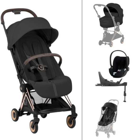  Poussette COYA Style Rosegold "Sepia Black" + Nacelle LUXE + Cloud T Plus + Base T + Habillage Pluie + Garde-corps