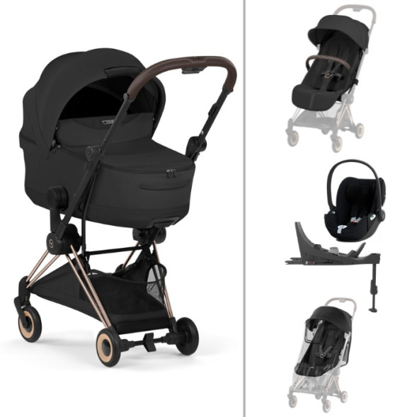  Poussette COYA Confort Rosegold "Sepia Black" + Nacelle LUXE + Cloud T Plus + Base T + Habillage Pluie + Garde-corps