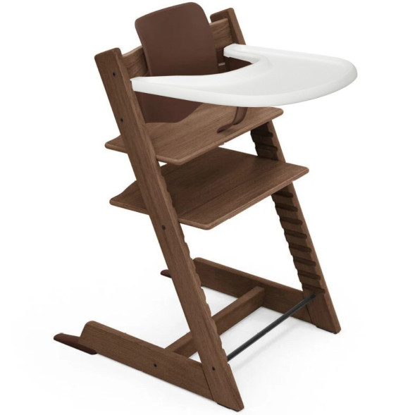 Chaise Haute Tripp Trapp "Brun Chaud" en bois de hêtre + Baby Set + Plateau