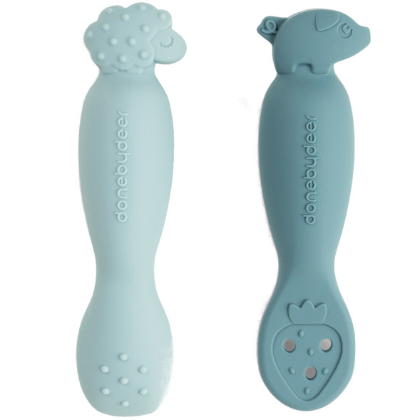 Set de 2 cuillères bébé en silicone 1er âge "Tiny Farm Bleu" (4 mois et +)