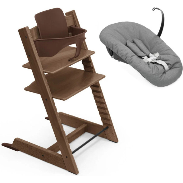 Chaise Haute Tripp Trapp "Brun Chaud" en bois de hêtre + Baby Set + Set Nouveau-né