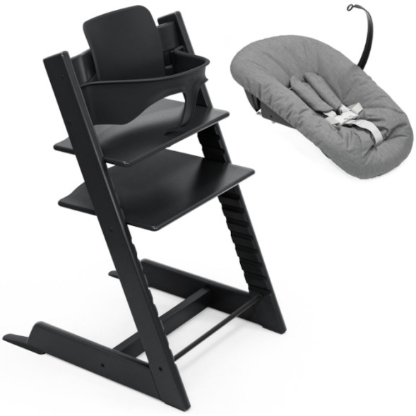 Chaise Haute Tripp Trapp "Noir" en bois de hêtre + Baby Set + Set Nouveau-né