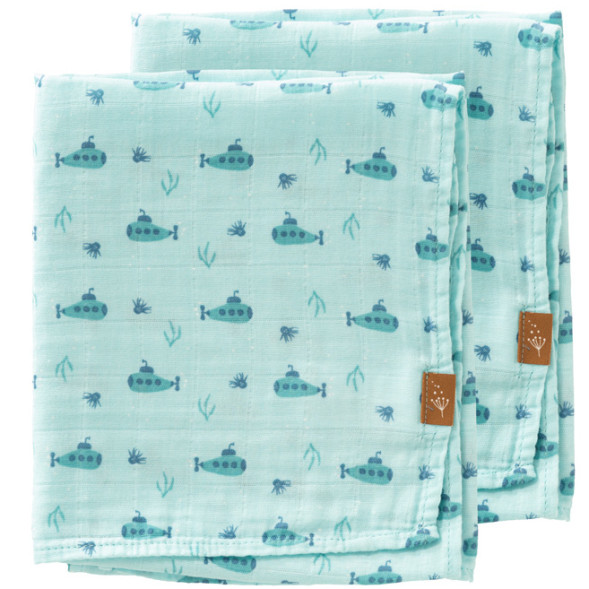2 petits langes en mousseline de coton bio "Sous-Marin" (70x60)