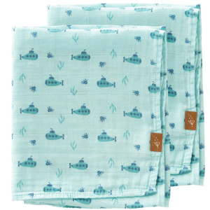 2 petits langes en mousseline de coton bio "Sous-Marin" (70x60) Fresk