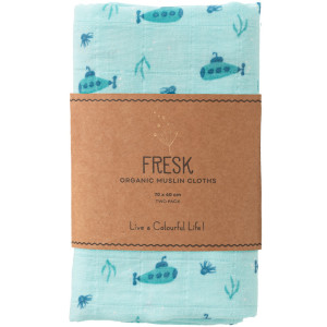 2 petits langes en mousseline de coton bio "Sous-Marin" (70x60) Fresk