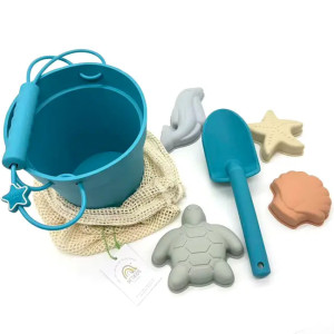 Jouets de plage en silicone (seau, pelle et 4 moules) "Bleu" Petikids