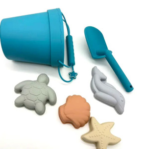 Jouets de plage en silicone (seau, pelle et 4 moules) "Bleu" Petikids