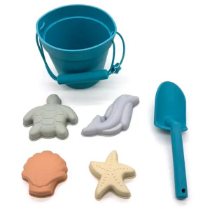 Jouets de plage en silicone (seau, pelle et 4 moules) "Bleu" Petikids