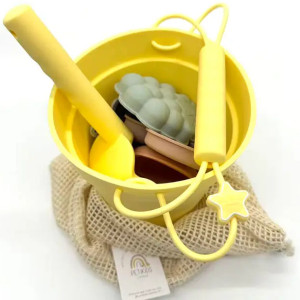 Jouets de plage en silicone (seau, pelle et 4 moules) "Jaune"