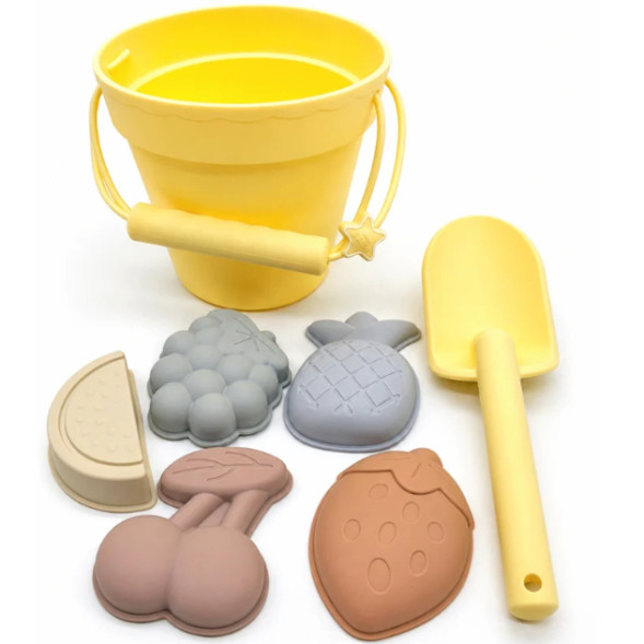 Jeux de plage en silicone (seau, pelle et 4 moules) "Jaune"