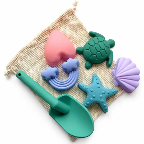 Jeux de plage en silicone (pelle et 5 moules) "Vert"