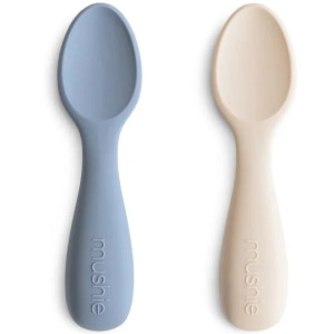 Cuillère bébé en silicone Starter "Bleu/Beige"  Mushie
